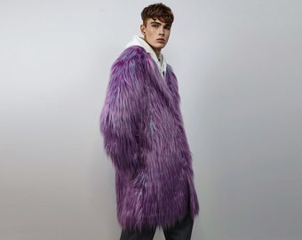 Shaggy faux fur lavender coat long neon trench bright raver bomber fluffy winter fleece luminous festival jacket burning man overcoat purple
