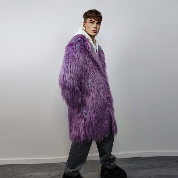 Shaggy faux fur longline coat neon trench bright raver bomber fluffy winter fleece luminous festival jacket burning man coat in purple