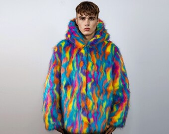 Hooded faux fur psychedelic jacket 70s bomber neon raver coat fluffy tie-dye fleece festival trench burning man going out overcoat blue pink