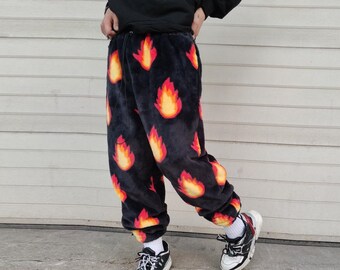 Flame fleece joggers luxury fluffy pants handmade thunder print trousers long hair premium fire festival overalls in black