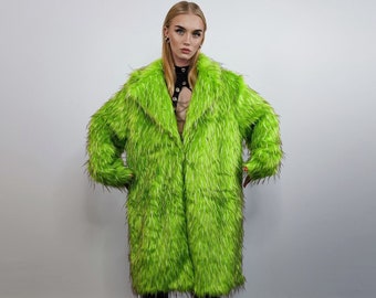 Shaggy faux fur longline coat neon trench bright raver bomber fluffy winter fleece luminous festival jacket burning man fuzzy coat in green