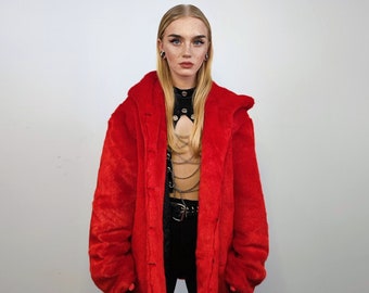 Hooded red faux fur jacket shaggy bomber bright raver puffer fluffy winter fleece festival coat burning man trench fancy dress overcoat