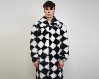 Diamond pattern fur coat checked long trench rhombus gothic overcoat SKA print bomber festival jacket customizable going out peacoat black