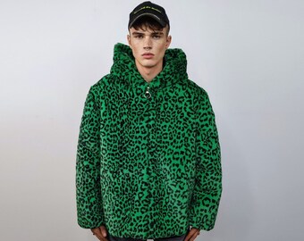 Mit Kapuze Kunstpelz Leopard Fell Jacke Animal Print Bomber helles Raver Mantel flauschiges Gepard Fleece Festival Kugelfisch Neon brennender Mann Mantel grün