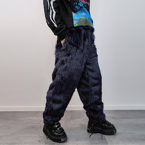 Shaggy Faux Fur Joggers Winter Raver Neon Pants Fluffy Skiing Trousers  Mountain Fleece Overalls Festival Bottoms Burning Man Pants in Purple 