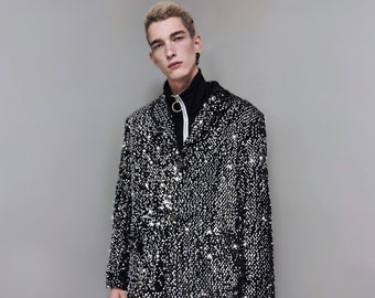 Blazer à sequins argentés, veste métallisée pour soirée de sortie, redingote ornée d'un bomber scintillant lumineux, manteau rave, veste de défilé universitaire à paillettes