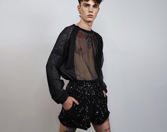 Black sequin shorts glitter pants sparkle elastic waist party trousers glam rock short joggers  embellished bottoms in dark metallic