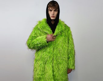 Shaggy faux fur longline coat neon trench bright raver bomber fluffy winter fleece luminous festival jacket burning man fuzzy coat in green