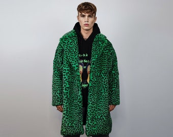 Faux fur long leopard coat animal print trench bright raver bomber fluffy winter cheetah fleece festival jacket neon burning man coat green