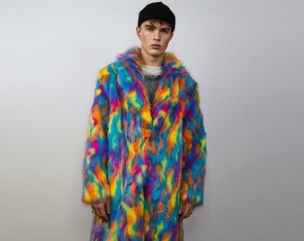 Faux fur long psychedelic coat 70s trench neon raver bomber fluffy tie-dye fleece disco festival jacket burning man going out coat blue pink