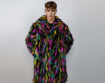 Faux fur long striped neon coat zebra trench raver bomber fluffy tie-dye winter fleece festival jacket burning man going out coat black pink