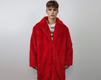Red faux fur longline coat shaggy trench bright raver bomber fluffy winter fleece festival jacket burning man coat