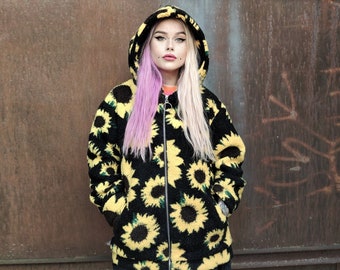 Sunflower hoodie fleece coat daisy jacket floral pattern jumper yellow rave bomber festival party pullover custom peacoat in yellow black