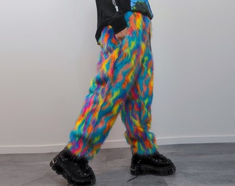 Disco faux fur joggers 70s raver pants fluffy psychedelic trousers ski fleece tie-dye overalls festival bottoms burning man pants blue pink