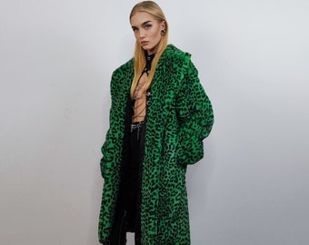 Faux fur long leopard coat animal print trench bright raver bomber fluffy winter cheetah fleece festival jacket neon burning man coat green