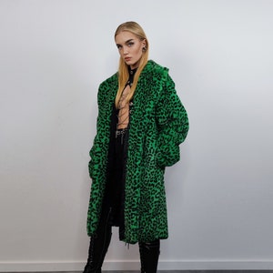 Faux fur long leopard coat animal print trench bright raver bomber fluffy winter cheetah fleece festival jacket neon burning man coat green