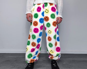 Festival fleece joggers luminous emoji pants handmade fluorescent faux fur raver trousers premium party overalls in rainbow smiley pattern