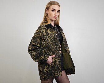 Leopard denim jacket animal print jean bomber glam rocker coat spot jacket cheetah overcoat in green black