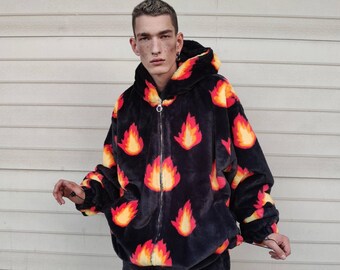 Luxury flame jacket fluffy fire print bomber handmade soft catwalk fleece puffer premium grunge hooded thunder coat in black orange red