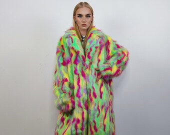 Psychedelic faux fur longline coat shaggy trench bright raver bomber fluffy winter fleece festival jacket neon burning man coat green pink