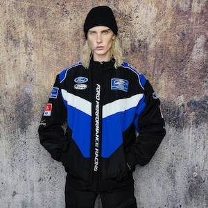 Ford racing jacket multi patch motorcycle varsity vintage Formula one letterman bomber premium biker jacket in black and blue