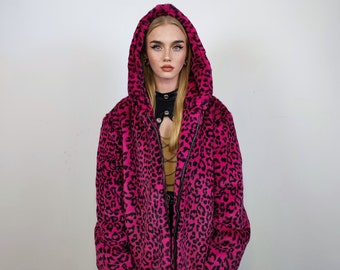 Hooded faux fur leopard jacket animal print bomber bright raver coat fluffy cheetah fleece festival puffer neon burning man overcoat in pink