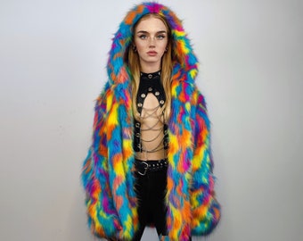 Hooded faux fur psychedelic jacket 70s bomber neon raver coat fluffy tie-dye fleece festival trench burning man going out overcoat blue pink