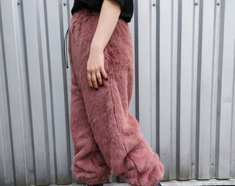 Faux fur joggers luxury fluffy pants handmade fleece trousers long hair premium overalls in brown