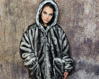 Faux fur luxury jacket handmade premium fleece jacket fluffy hooded coat grunge bomber tie-dye puffer in acid grey