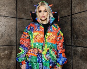 Bandanna bomber handmade detachable paisley puffer devil horn jacket cashew print coat two sided jacket in rainbow