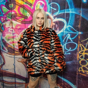 Tiger print faux fur jacket tie-dye fluffy bomber festival varsity raised neck fleece coat high fashion zebra stripe coat in orange white