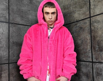 Pink fleece jacket handmade detachable fluffy bomber fluorescent faux fur premium Barbie coat in bright neon pink