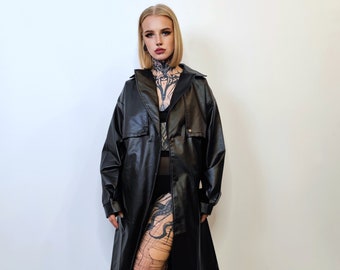 Mid length faux leather coat PU utility trench jacket gorpcore raver varsity going out rubbery high fashion gothic puffer in black