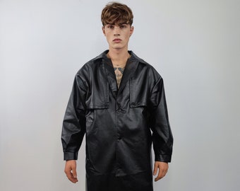 Mid length faux leather coat PU utility trench jacket gorpcore raver varsity going out rubbery high fashion gothic puffer in black