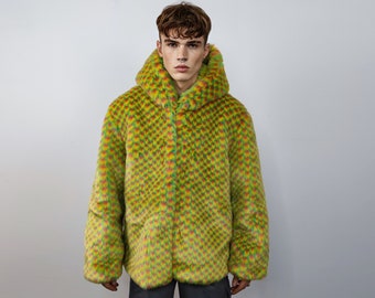 Checked faux fur hooded jacket geometric bomber bright raver coat fluffy winter fleece festival puffer neon burning man hoodie in yellow