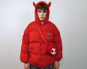 Devil horn hooded jacket skeleton embroidery bomber quilted Gothic puffer wide fit jacket grunge detachable anime varsity in red