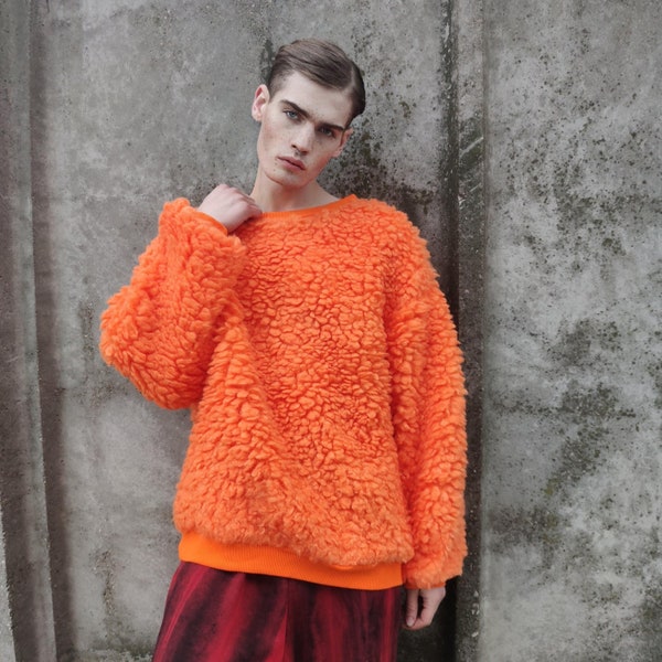 Fluffy sweater grunge fleece jumper long hair sweatshirt raver pullover long sleeve festival top faux fur sweater in orange