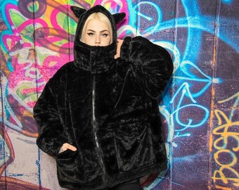 Faux fur devil horn bomber handmade detachable fluffy puffer reversible grunge fleece jacket two sided Gothic coat in black