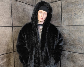 Faux fur luxury jacket handmade premium fleece jacket fluffy hooded coat in black