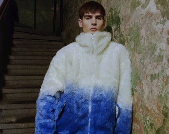 Gradient faux fur jacket tie-dye fluffy bomber festival varsity jacket raised neck fleece coat high fashion Autumn Winter coat in white blue