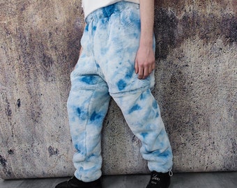 Soft fleece joggers tie-dye detachable fluffy pants handmade gradient faux fur raver shorts premium festival overalls in electric sky blue