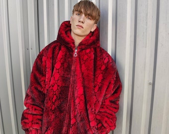 Giacca serpente di lusso bomber con stampa pitone in pelliccia sintetica fatto a mano soffice passerella in pile piumino premium grunge con cappuccio in rosso nero