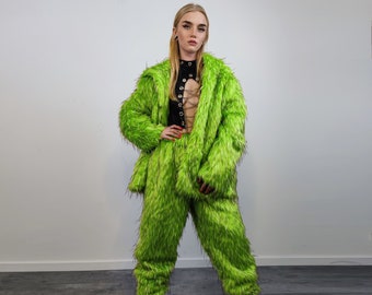 Shaggy faux fur joggers raver neon pants fluffy skiing trousers mountain fleece overalls festival bottoms burning man fuzzy pants in green