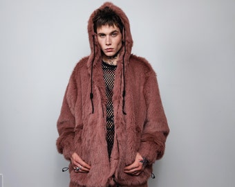 Faux fur luxury jacket handmade premium fleece bomber detachable fluffy hooded coat 2 in 1 fluffy jacket in brown