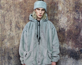 Grey soft fleece jacket handmade detachable fluffy bomber luminous faux fur premium skater coat in light shiny gray