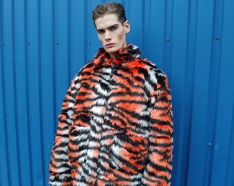 Tiger print faux fur jacket tie-dye fluffy bomber festival varsity raised neck fleece coat high fashion zebra stripe coat in orange white