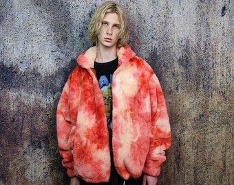 Tie dye fleece jacket handmade detachable neon fluffy bomber faux fur gradient coat 2 in 1 festival watercolor jacket in red