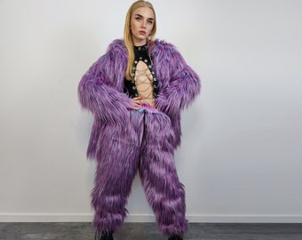 Shaggy faux fur joggers winter raver neon pants fluffy skiing trousers mountain fleece overalls festival bottoms burning man pants in purple