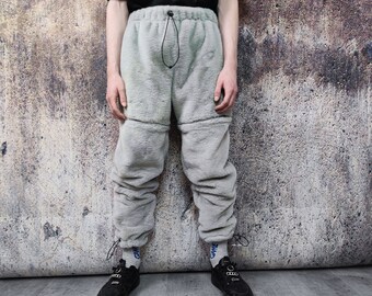 Grey soft fleece joggers luminous detachable pants handmade shiny faux fur raver shorts premium festival overalls in electric light gray