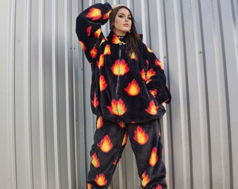 Flame fleece joggers luxury fluffy pants handmade thunder print trousers long hair premium fire festival overalls in black